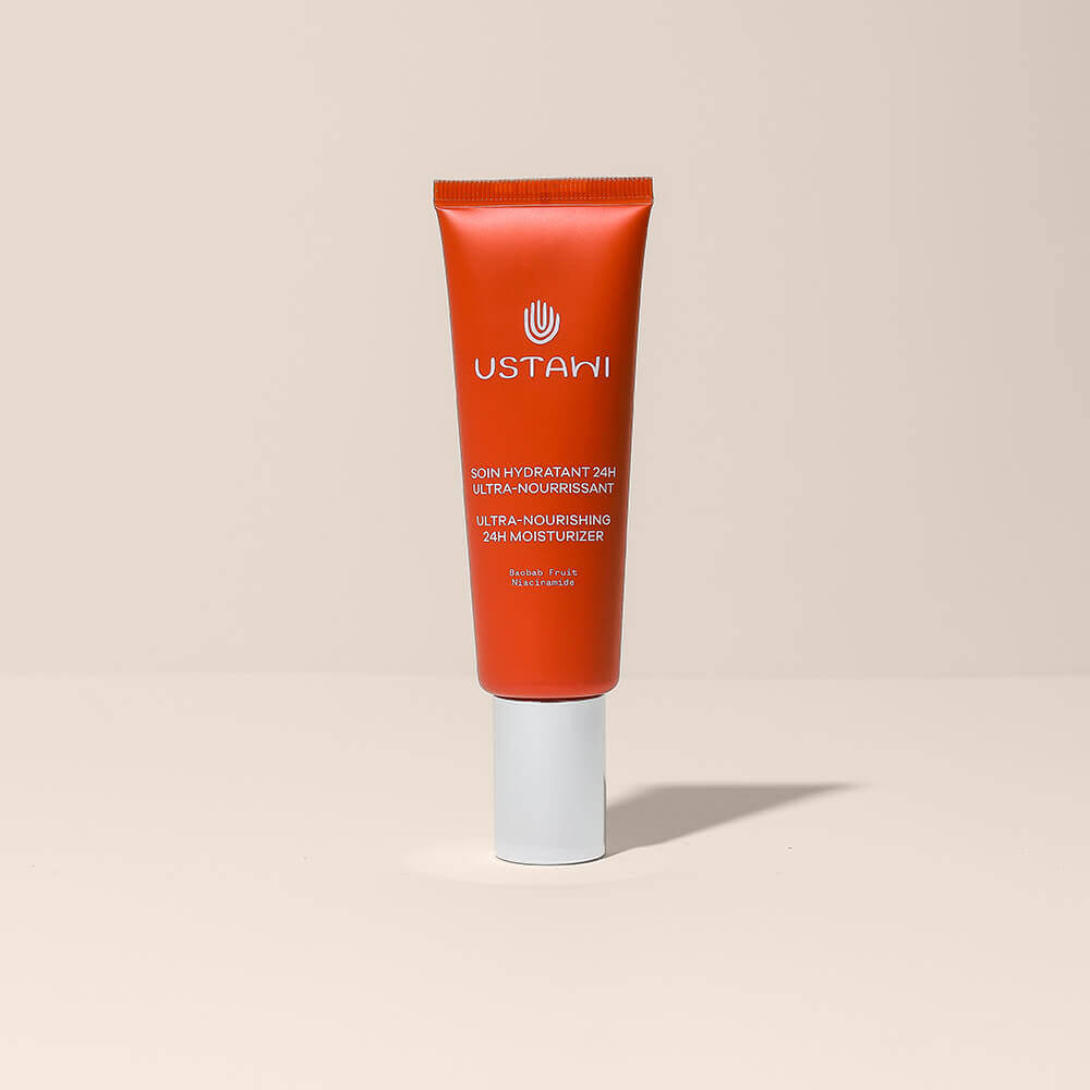 USTAWI Ultra Nourishing Moisturizer on a minimalist background, emphasizing its hydrating formula